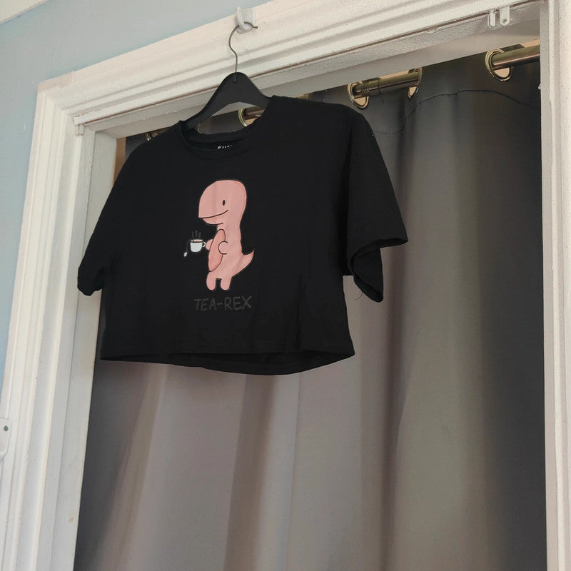 SHEIN "Tea-Rex" Dinosaur Graphic Crop Top | Black 100% Cotton Small