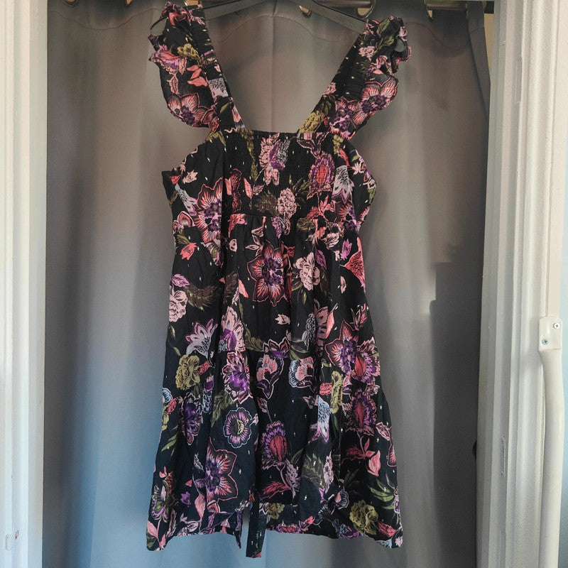 Next Floral Smock Dress UK 12 Black Gold Lurex Ruffle Sleeve Summer Boho