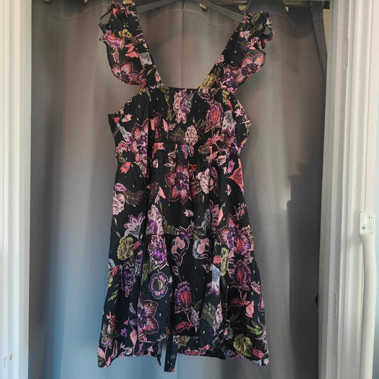 Next Floral Smock Dress UK 12 Black Gold Lurex Ruffle Sleeve Summer Boho