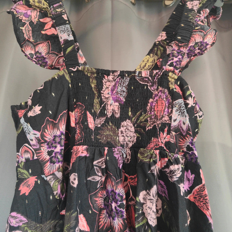 Next Floral Smock Dress UK 12 Black Gold Lurex Ruffle Sleeve Summer Boho