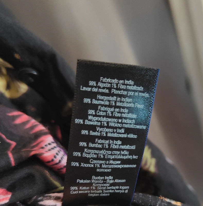 Next Floral Smock Dress UK 12 Black Gold Lurex Ruffle Sleeve Summer Boho