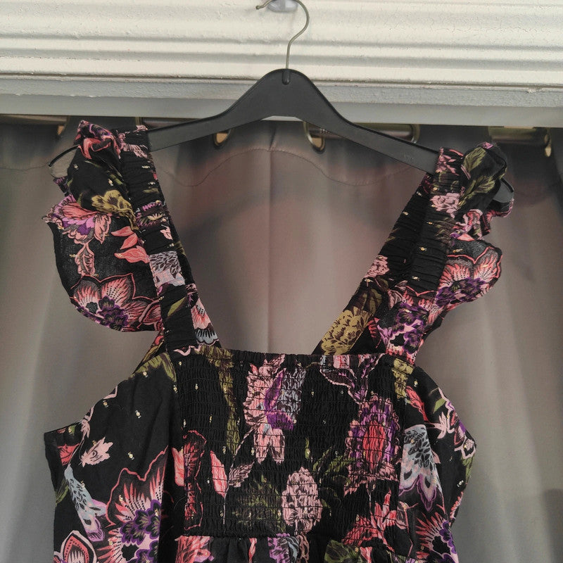 Next Floral Smock Dress UK 12 Black Gold Lurex Ruffle Sleeve Summer Boho