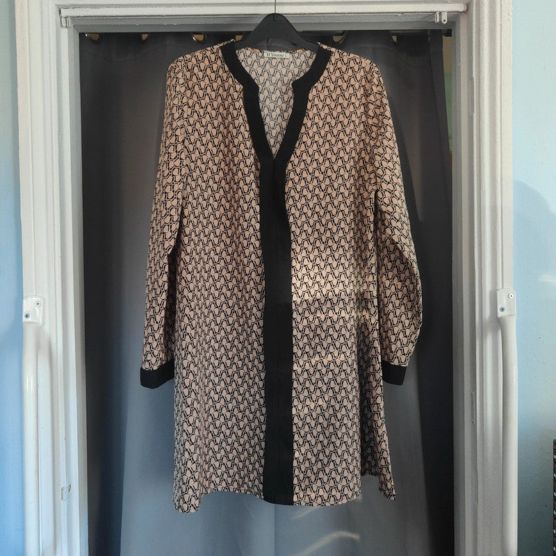 If Yoouu Geometric Print Tunic Dress Nude Black V-Neck Long Sleeve Large