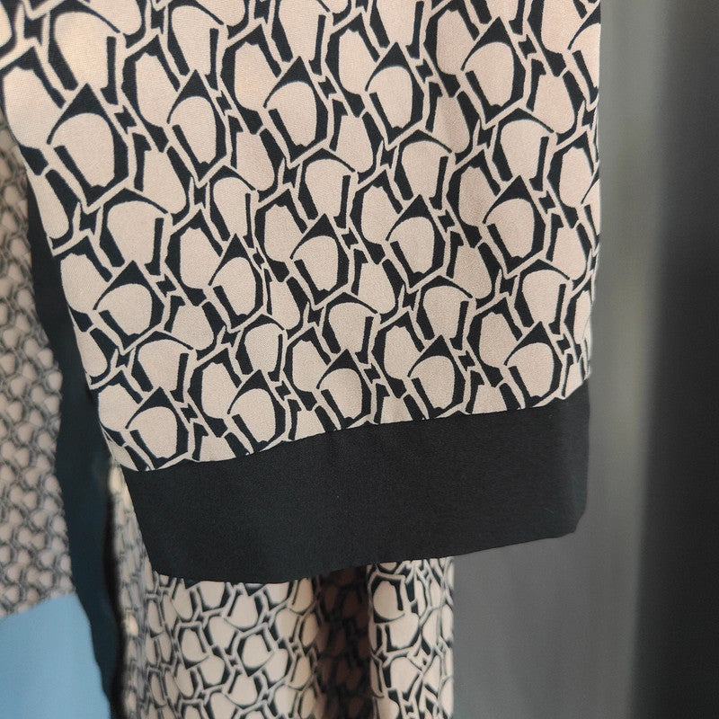 If Yoouu Geometric Print Tunic Dress Nude Black V-Neck Long Sleeve Large