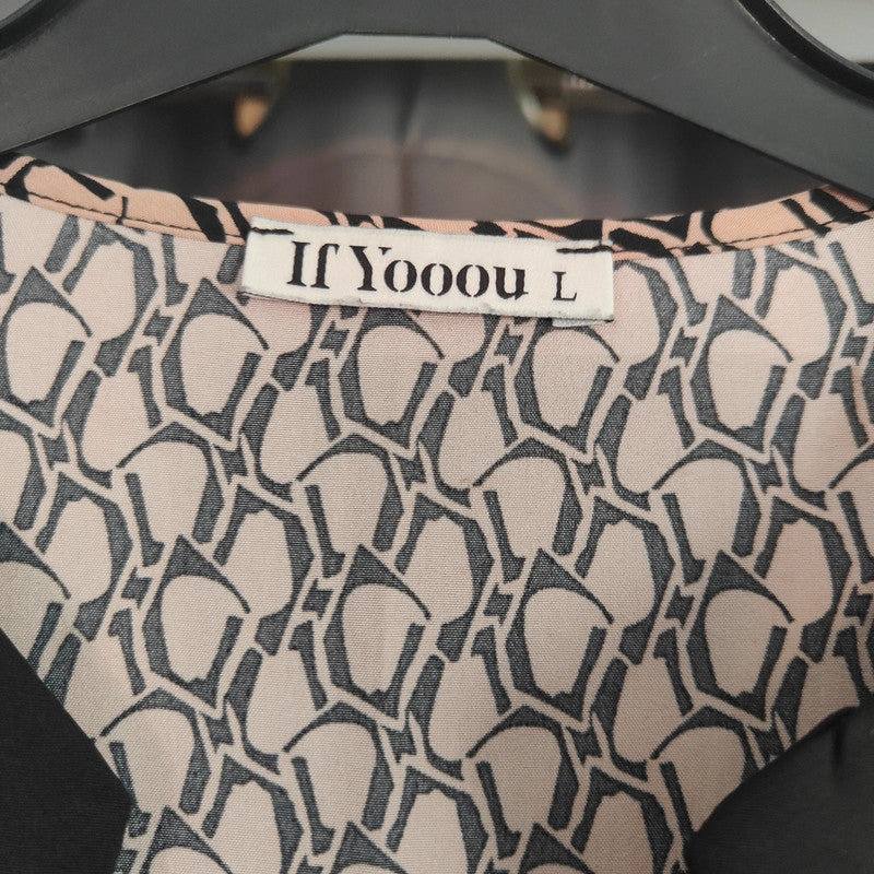 If Yoouu Geometric Print Tunic Dress Nude Black V-Neck Long Sleeve Large