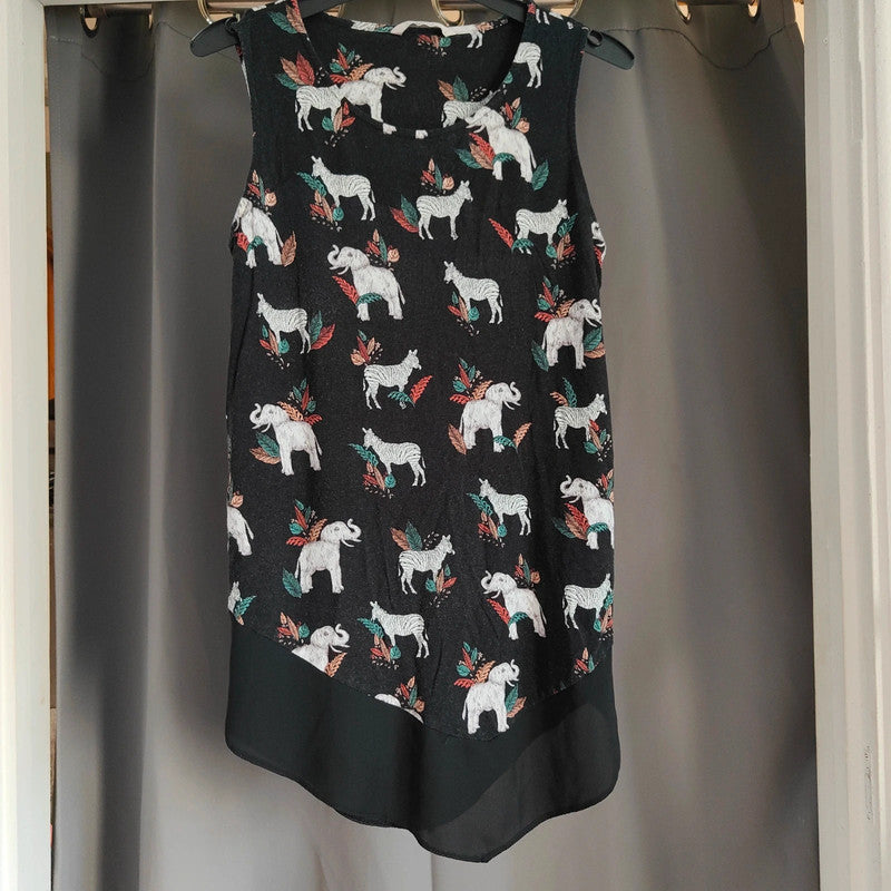 Tu Black Elephant &amp; Zebra Print Tunic | Chiffon Hem Size 8 Top