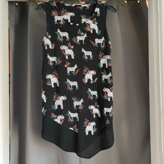 Tu Black Elephant &amp; Zebra Print Tunic | Chiffon Hem Size 8 Top
