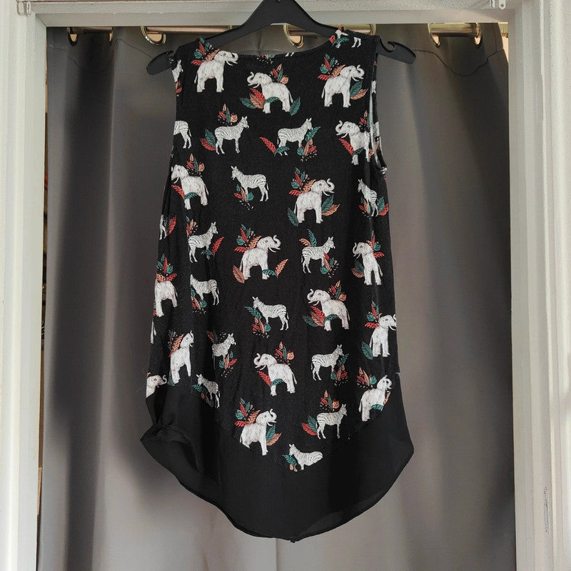 Tu Black Elephant &amp; Zebra Print Tunic | Chiffon Hem Size 8 Top