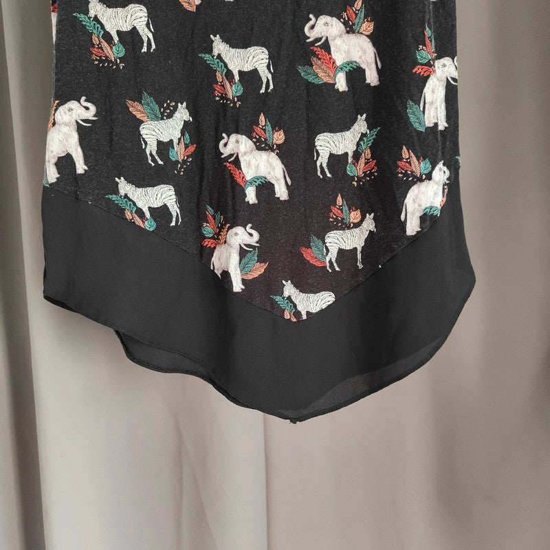 Tu Black Elephant &amp; Zebra Print Tunic | Chiffon Hem Size 8 Top