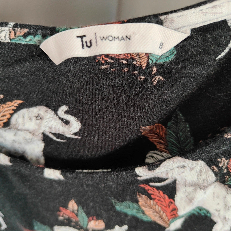 Tu Black Elephant &amp; Zebra Print Tunic | Chiffon Hem Size 8 Top
