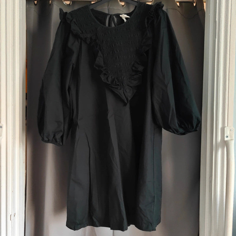H&amp;M Black Smocked Ruffle Mini Dress Size M Cotton Balloon Sleeve Gothic Boho