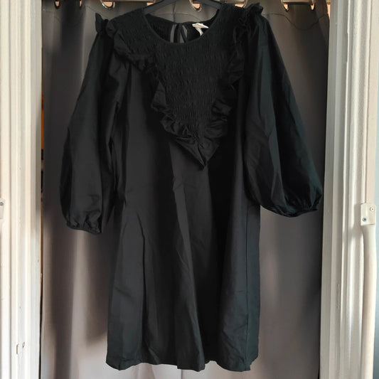 H&amp;M Black Smocked Ruffle Mini Dress Size M Cotton Balloon Sleeve Gothic Boho