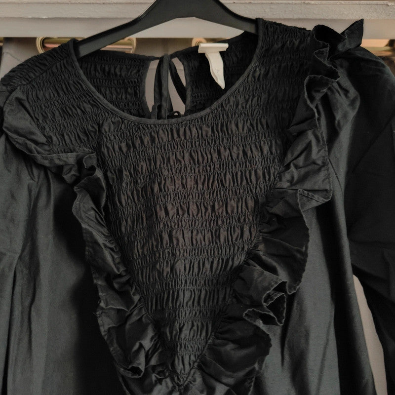 H&amp;M Black Smocked Ruffle Mini Dress Size M Cotton Balloon Sleeve Gothic Boho