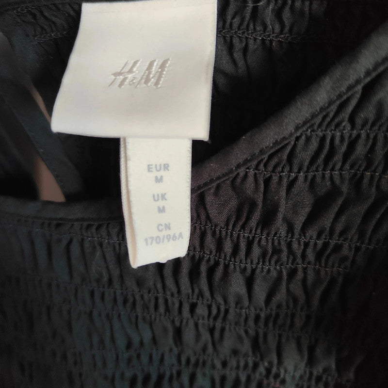 H&amp;M Black Smocked Ruffle Mini Dress Size M Cotton Balloon Sleeve Gothic Boho