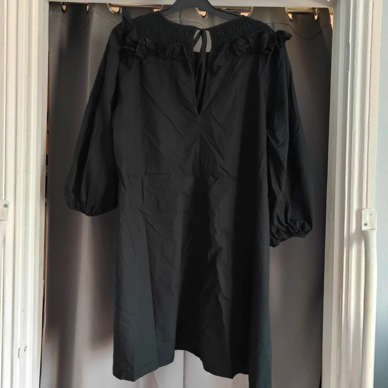 H&amp;M Black Smocked Ruffle Mini Dress Size M Cotton Balloon Sleeve Gothic Boho