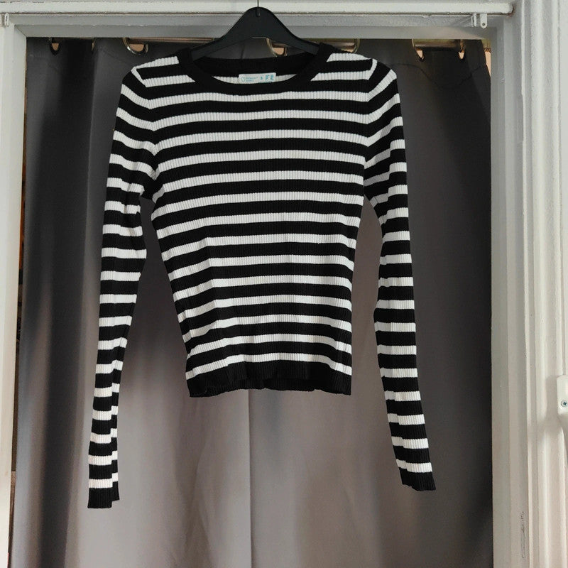 Primark Cares Small Black and White Striped Ribbed Long Sleeve Top UK 10/12