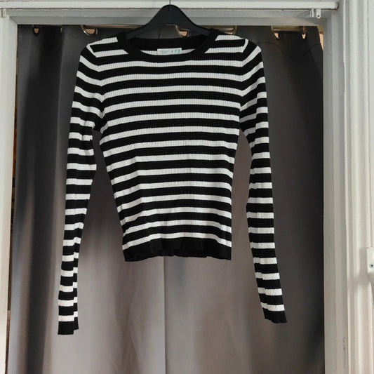 Primark Cares Small Black and White Striped Ribbed Long Sleeve Top UK 10/12