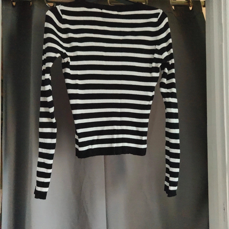 Primark Cares Small Black and White Striped Ribbed Long Sleeve Top UK 10/12