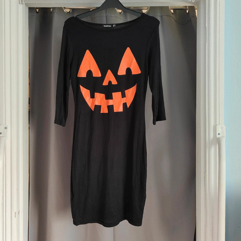 Boohoo UK 10 Black Pumpkin Halloween Bodycon Mini Dress Long Sleeve