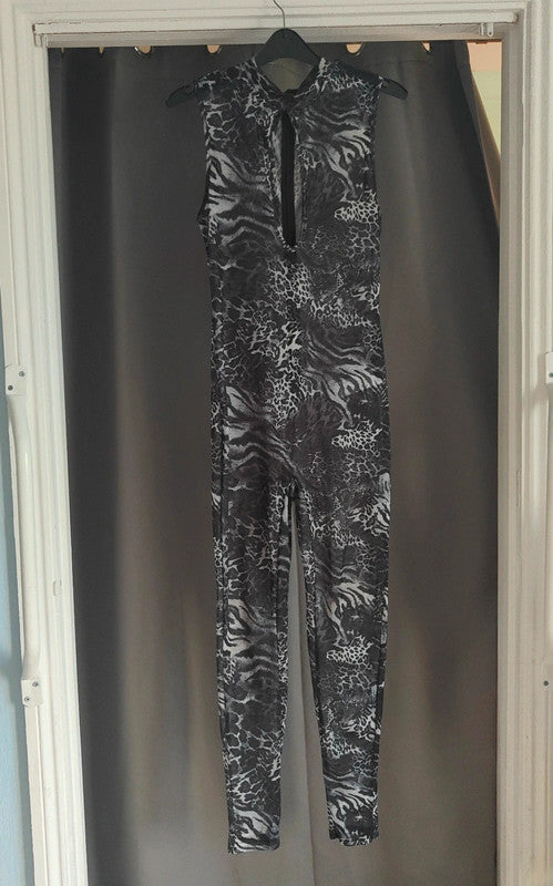 SHEIN Animal Print Mesh Catsuit | Grey Jumpsuit Size S UK 8 Rave