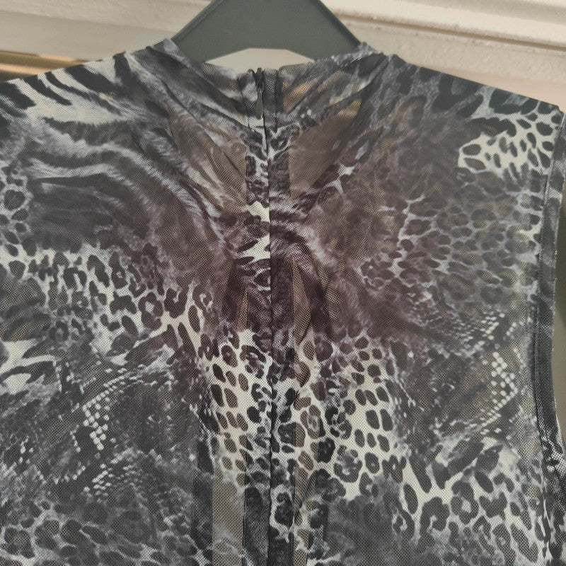 SHEIN Animal Print Mesh Catsuit | Grey Jumpsuit Size S UK 8 Rave
