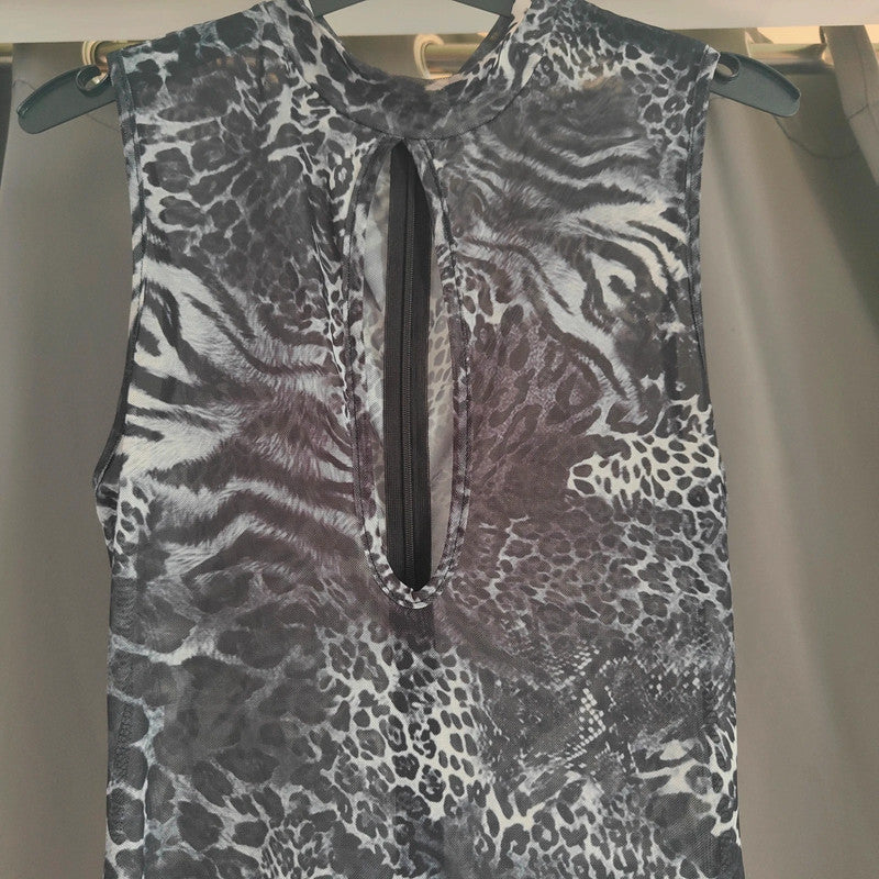 SHEIN Animal Print Mesh Catsuit | Grey Jumpsuit Size S UK 8 Rave