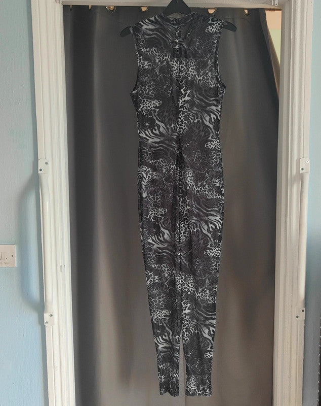 SHEIN Animal Print Mesh Catsuit | Grey Jumpsuit Size S UK 8 Rave
