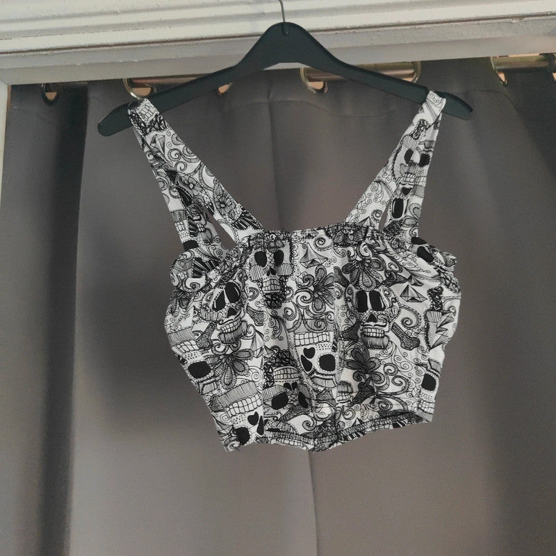 S/M Suzy Collection Skull Print Zip Front Corset Crop Top Grunge Alt Biker