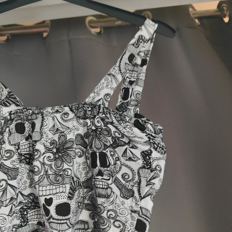 S/M Suzy Collection Skull Print Zip Front Corset Crop Top Grunge Alt Biker