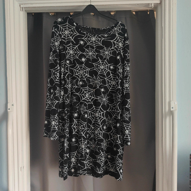 Gothic Spider Web Print Long Sleeve T-Shirt Mini Dress Black White Spooky M L