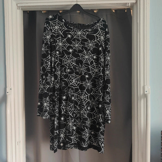 Gothic Spider Web Print Long Sleeve T-Shirt Mini Dress Black White Spooky M L