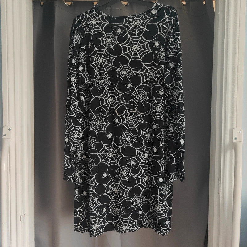 Gothic Spider Web Print Long Sleeve T-Shirt Mini Dress Black White Spooky M L