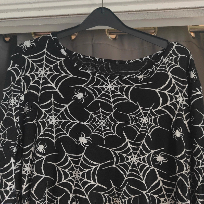 Gothic Spider Web Print Long Sleeve T-Shirt Mini Dress Black White Spooky M L