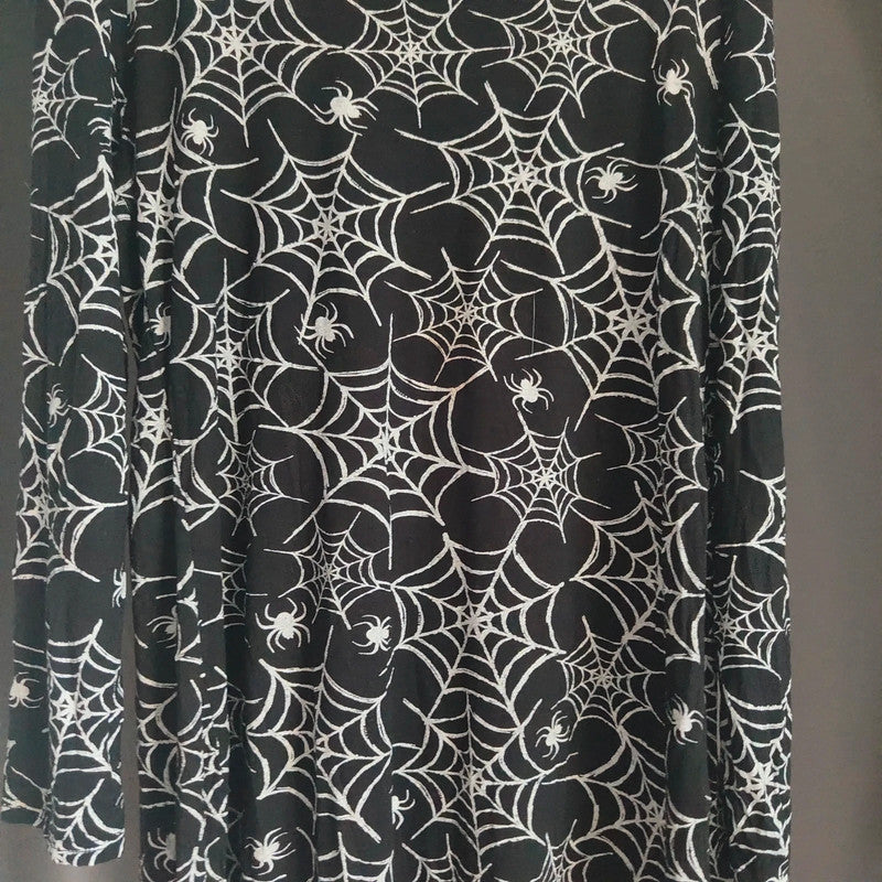 Gothic Spider Web Print Long Sleeve T-Shirt Mini Dress Black White Spooky M L