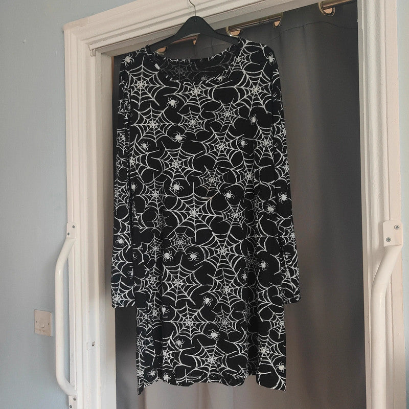 Gothic Spider Web Print Long Sleeve T-Shirt Mini Dress Black White Spooky M L