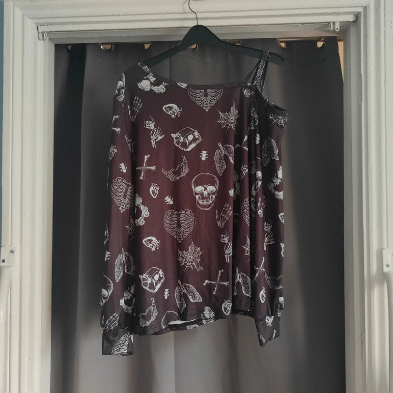 shein xl Black Skeleton Skull Cold Shoulder Long Sleeve Top Goth Alt