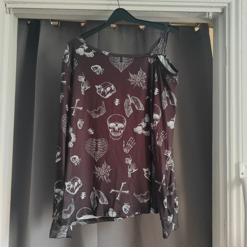 shein xl Black Skeleton Skull Cold Shoulder Long Sleeve Top Goth Alt