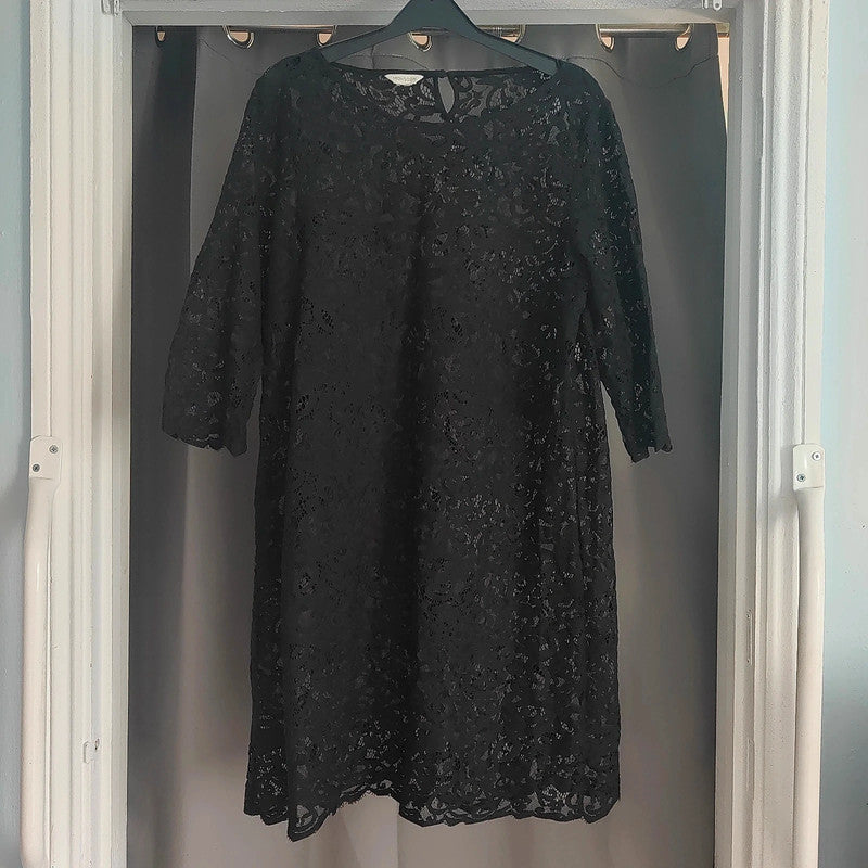 Monsoon Black Lace Floral 3/4 Sleeve Shift Dress Size 12 Occasion