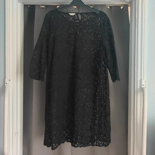 Monsoon Black Lace Floral 3/4 Sleeve Shift Dress Size 12 Occasion
