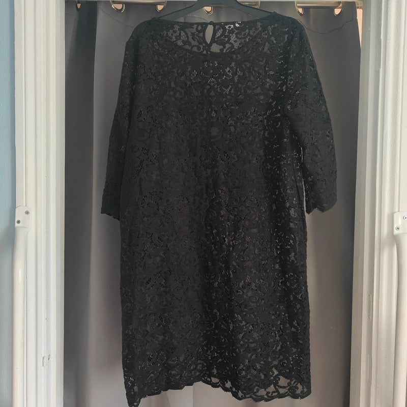 Monsoon Black Lace Floral 3/4 Sleeve Shift Dress Size 12 Occasion