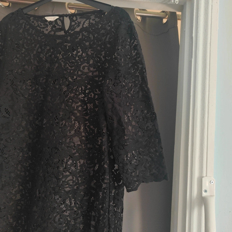 Monsoon Black Lace Floral 3/4 Sleeve Shift Dress Size 12 Occasion