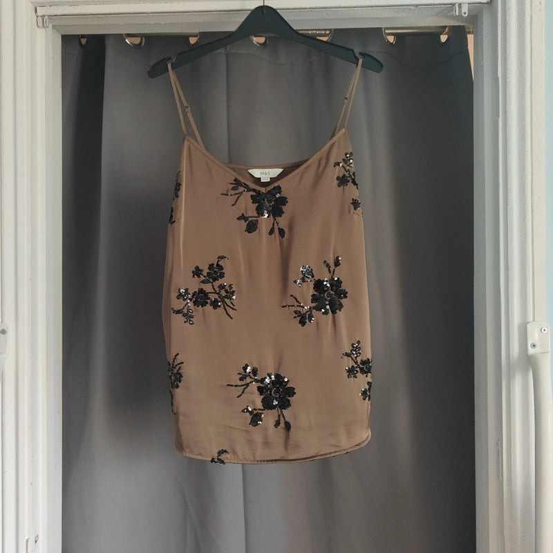 M&amp;S Brown Sequin Floral Camisole | Satin V-Neck Strappy Top Size 14