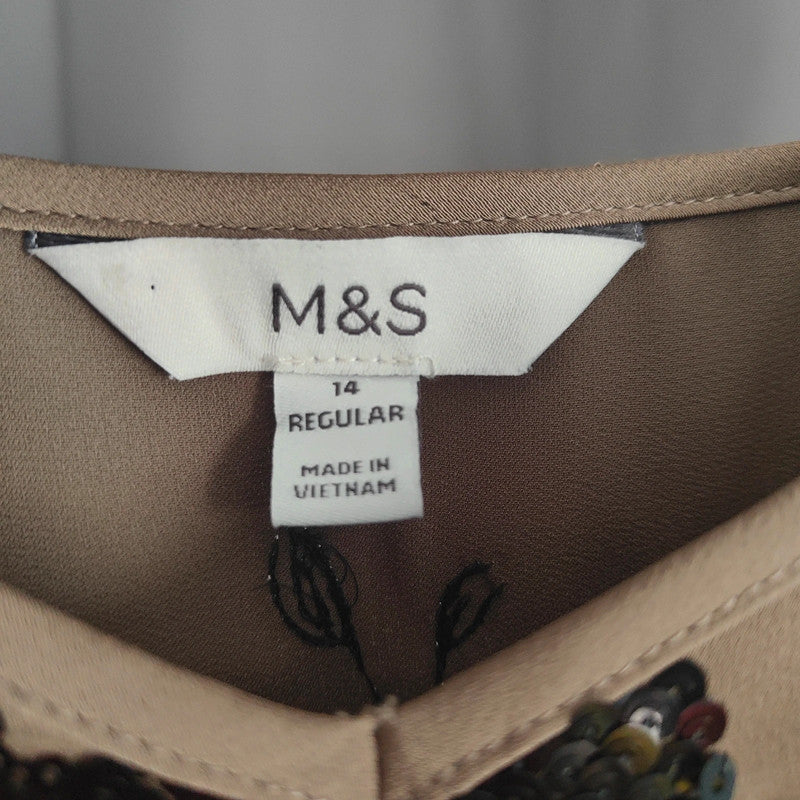M&amp;S Brown Sequin Floral Camisole | Satin V-Neck Strappy Top Size 14