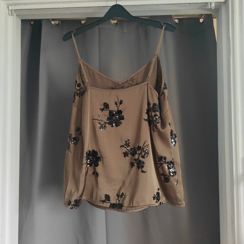 M&amp;S Brown Sequin Floral Camisole | Satin V-Neck Strappy Top Size 14