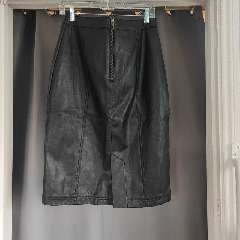 Roman Black Faux Leather Midi Pencil Skirt Size 14 Office Goth Chic