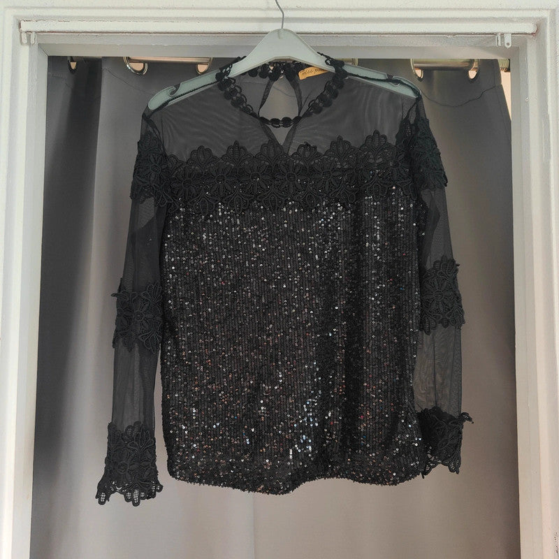 Miss Poiss Black Sequin Lace Mesh Long Sleeve Party Top Size 14 42 Goth Glam