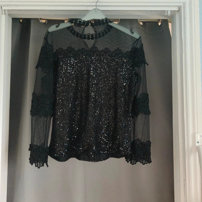 Miss Poiss Black Sequin Lace Mesh Long Sleeve Party Top Size 14 42 Goth Glam