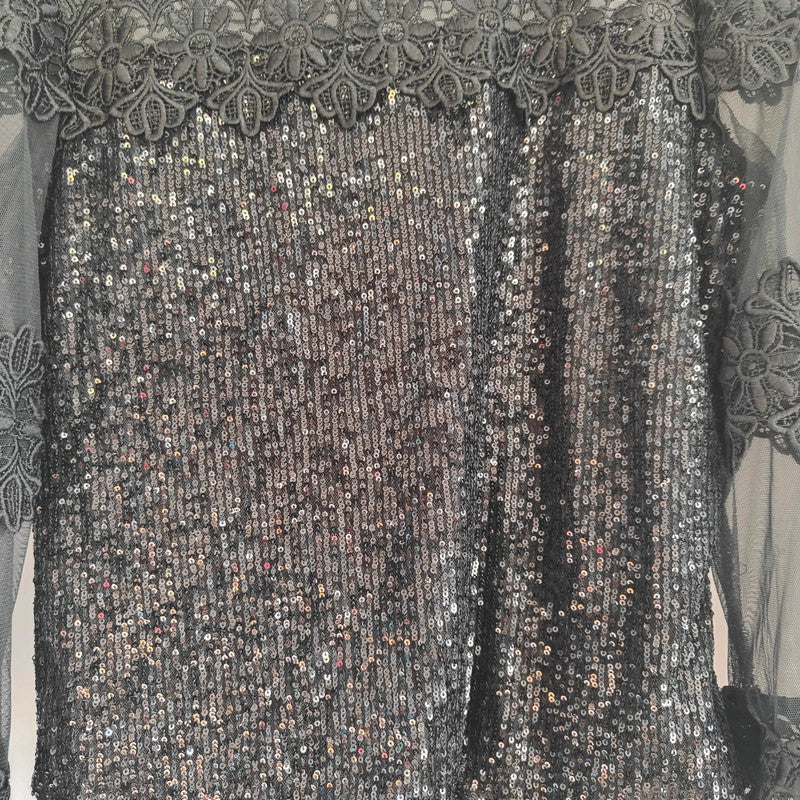 Miss Poiss Black Sequin Lace Mesh Long Sleeve Party Top Size 14 42 Goth Glam