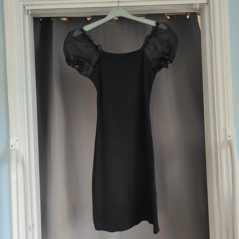 Saw It First Black Ribbed Mini Dress with Organza Puff Sleeves Size M