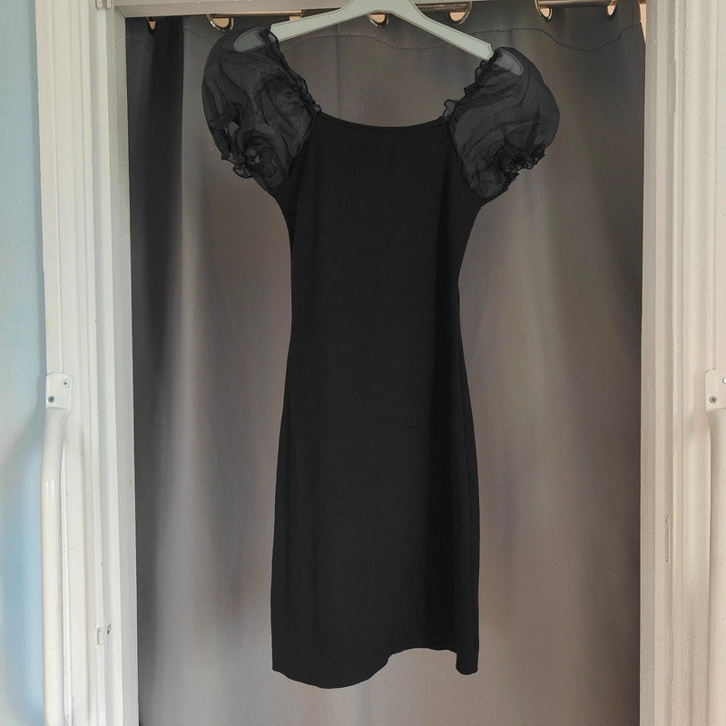 Saw It First Black Ribbed Mini Dress with Organza Puff Sleeves Size M